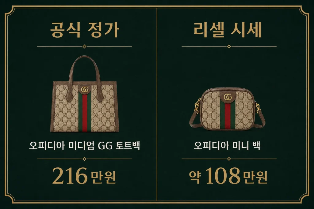 구찌 공식 정가 216만원과 리셀 시세 108만원 비교