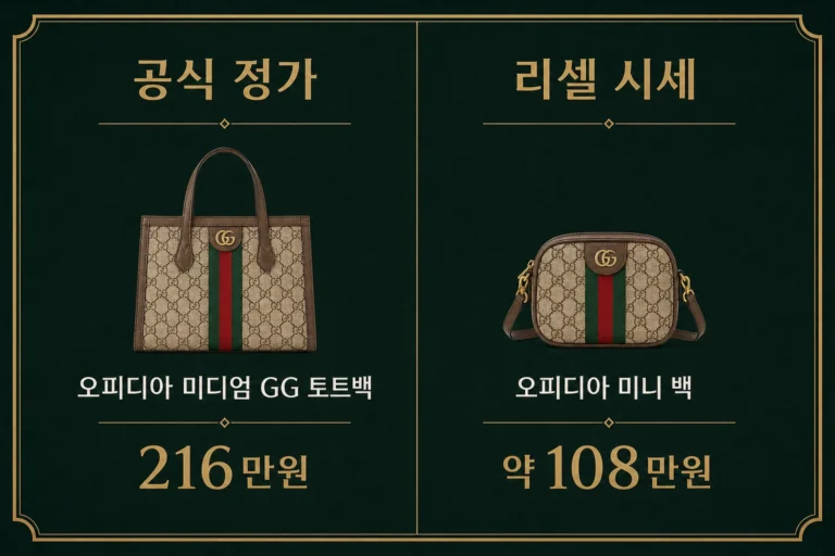 구찌 공식 정가 216만원과 리셀 시세 108만원 비교