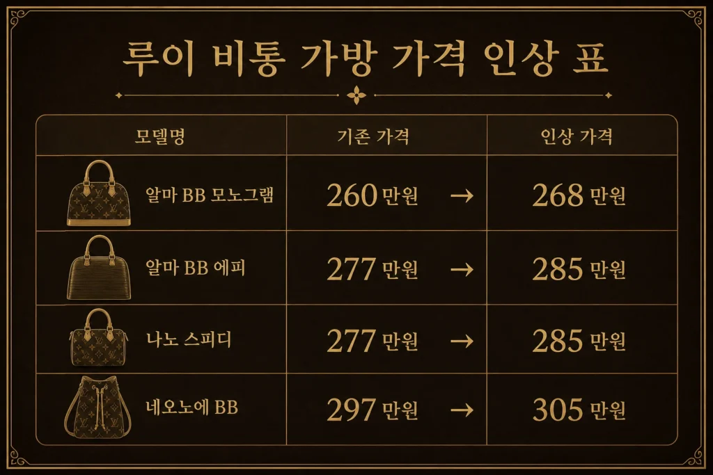 루이비통 가방 모델별 가격 인상 표 - 알마 BB 268만원 네오노에 BB 305만원