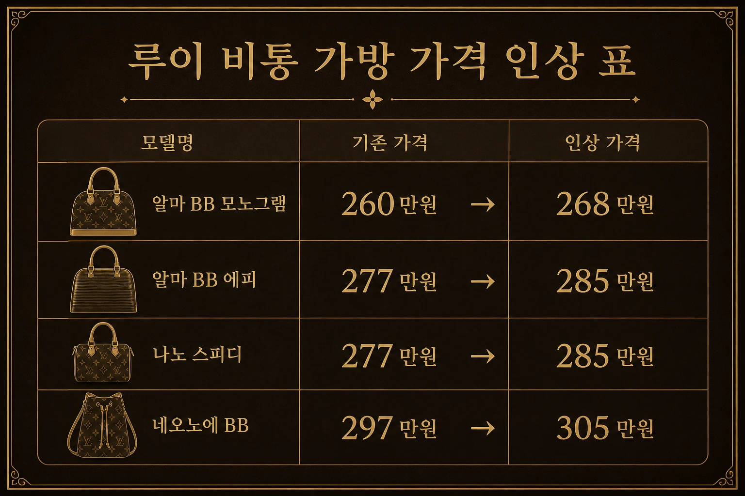 루이비통 가방 모델별 가격 인상 표 - 알마 BB 268만원 네오노에 BB 305만원